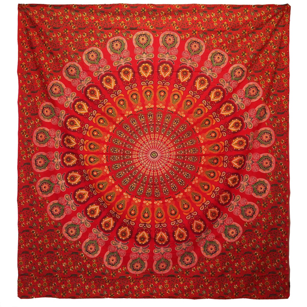 Colcha Doble de Algodón + Colgante de Pared - Pavo Real Mandala - Rojo
