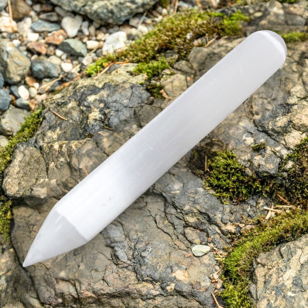 [SelW-02] Varita de selenita - 16 cm (Ambos extremos punta)