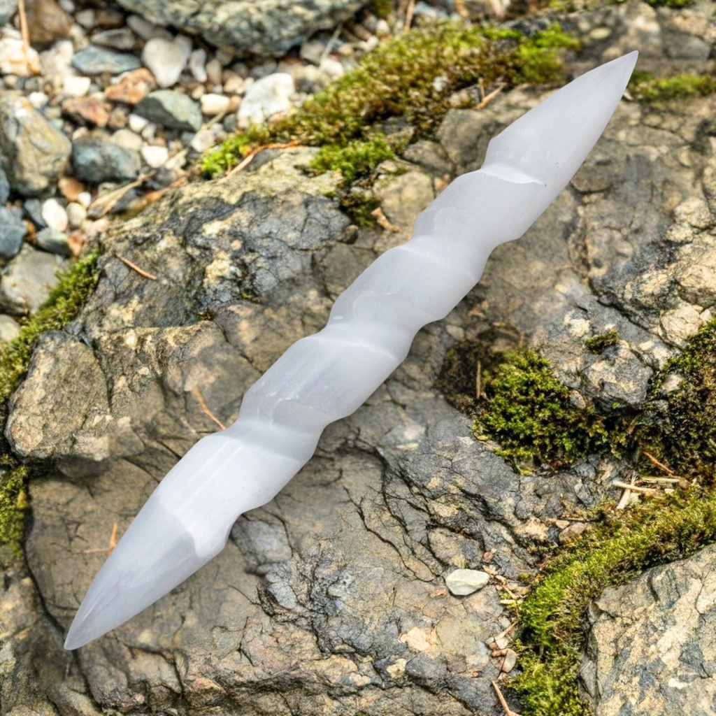 [SelW-04] Varita Espiral de Selenita - 16 cm (Ambos extremos punta)
