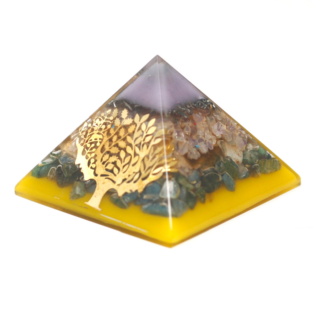 [ORGN-11] Lrg Pirámide de Orgonita Lrg 70mm -  Gemas Chakra  70cm - Árbol(Base Oro)