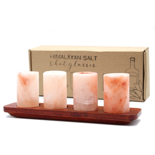 [QsaltS-01] Juego de 4 vasos de chupito de sal del Himalaya y soporte de madera para servir