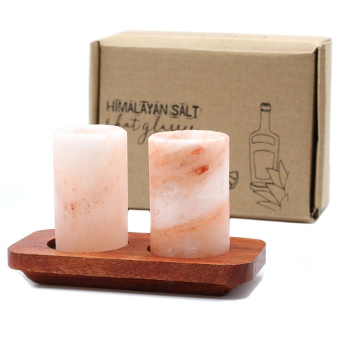 [QsaltS-02] Juego de 2 vasos de chupito de sal del Himalaya y soporte de madera para servir