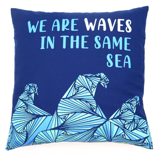 [CushN-01] Funda de Cojín de Algodón Estampado - Somos Olas - Gris, Azul y Natural