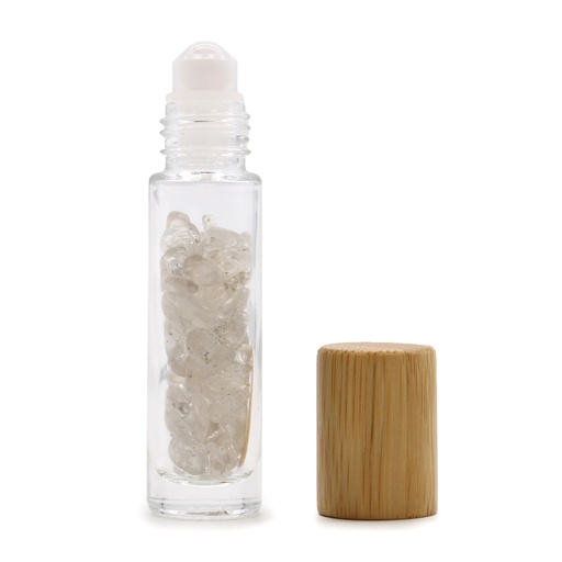 [CGRB-06] Botella de rodillo de aceite esencial de piedras preciosas - Cuarzo de roca - Tapa de madera