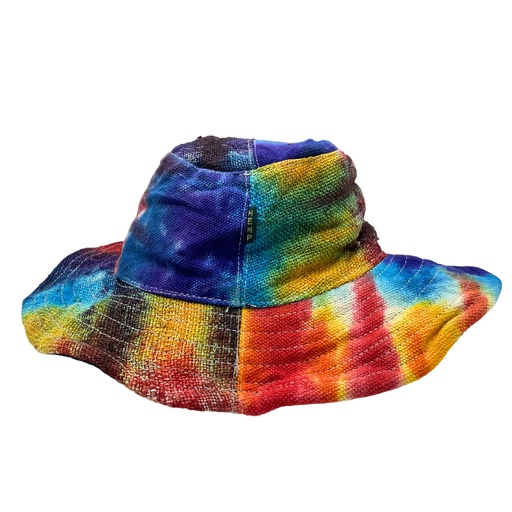 [HempH-06] Sombrero de festival boho de cáñamo y algodón con parches y aros - Tiedye