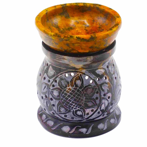 [SoapOB-17] Quemador de aceite de esteatita 10 cm - Flor de mandala - Negro y amarillo