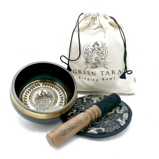 [TIbS-20] Set de regalo de cuenco tibetano batido y grabado a mano - 14 cm - Tara verde