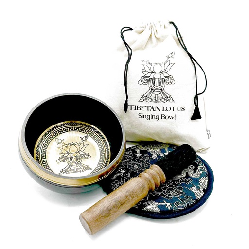 [TIbS-21] Set de regalo de cuenco tibetano batido y grabado a mano - 14 cm - Flor de loto