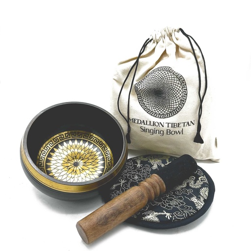 [TIbS-22] Set de regalo de cuenco tibetano batido y grabado a mano - 14 cm - Medallones redondos