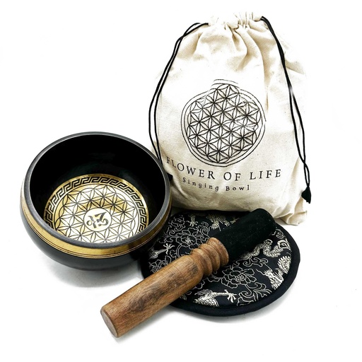 [TIbS-24] Set de regalo de cuenco tibetano batido y grabado a mano - 14 cm - Flor de la vida