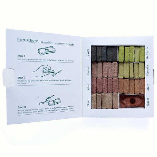 [AISB-08] Display Set of 70 Incense Smudge Bricks and Burner - 7 Earthy Himalaya Incenso