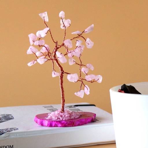 [AGemT-03] Árbol de piedras preciosas: Cuarzo rosa sobre base de ágata rosa (35 piedras)