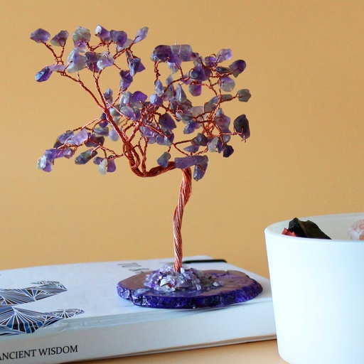 [AGemT-08] Árbol de piedras preciosas grande: Amatista sobre base de ágata natural (100 piedras)