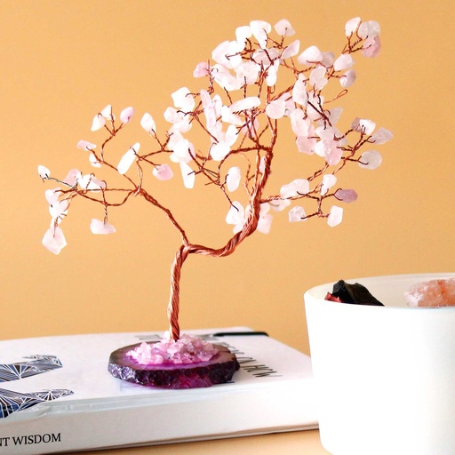 [AGemT-09] Árbol de piedras preciosas grande: Cuarzo rosa sobre base de ágata rosa (100 piedras)