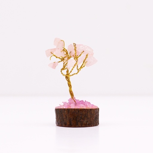 [MGemT-12] Mini árbol de piedras preciosas sobre base de madera - Cuarzo rosa (15 piedras)