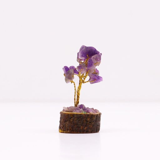 [MGemT-14] Mini árbol de piedras preciosas sobre base de madera - Amatista (15 piedras)