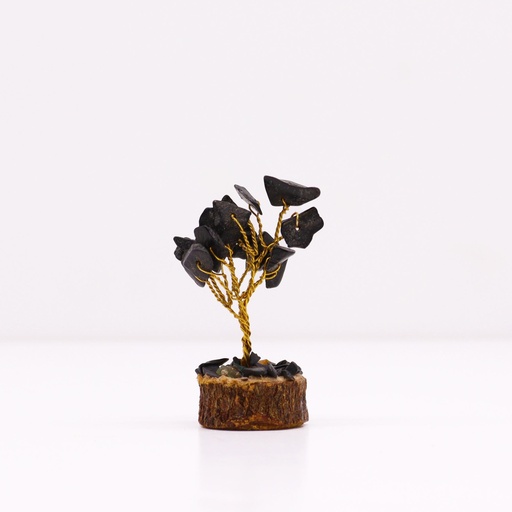 [MGemT-19] Mini árbol de piedras preciosas sobre base de madera - Ágata negra (15 piedras)