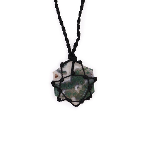 [LGemP-05] Colgante hexagonal de piedras preciosas entrelazada - Ágata de musgo