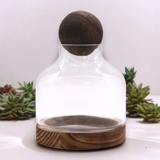 [Gter-13] Terrario Mediano en Madera de Tung Oscura con Tapa de Bola - 17x22cm