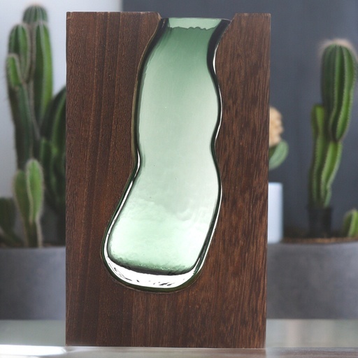 [Gter-17] Florero de Vidrio Grande / Terario en Madera de Tung Oscura - 18x5x32cm