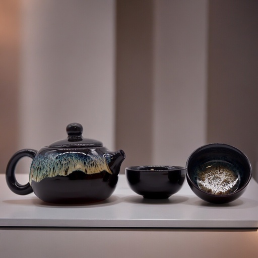 [TeaP-25] Set de Tetera - Esmaltado Negro - Tetera & Dos Tazas