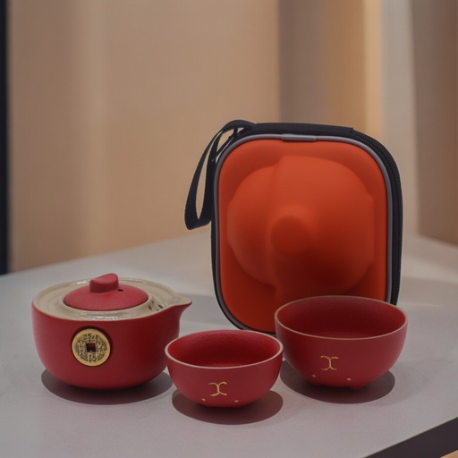 [TeaP-29] Set de tetera - Gato del Dinero - Dos tazas & Estuche de viaje - Rojo