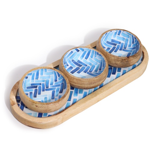 [WTray-02] Bandeja de Madera de Mango con 3 Cuencos - Rayas Azules