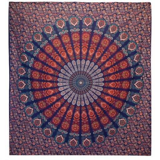 [CBWH-36] Colcha Doble de Algodón + Colgante de Pared - Pavo Real Mandala - Azul