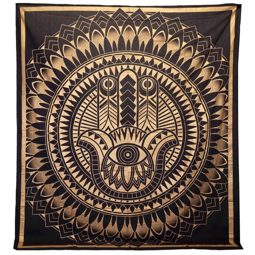 [CBWH-44] Colcha Doble de Algodón + Colgante de Pared - Hamsa - Negro Oro