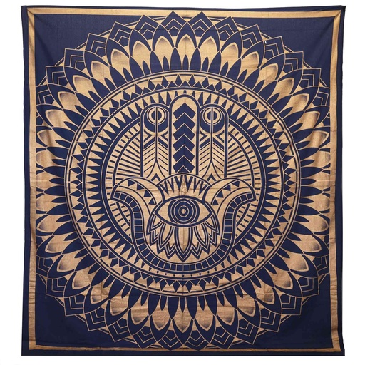 [CBWH-45] Colcha Doble de Algodón + Colgante de Pared - Hamsa - Azul Dorado