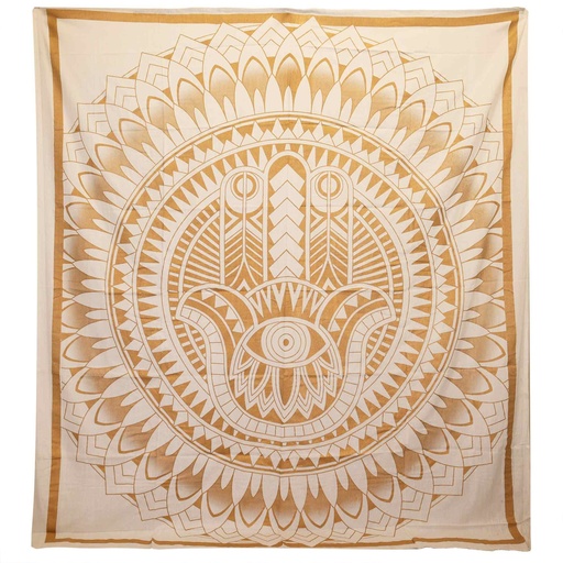[CBWH-46] Colcha Doble de Algodón + Colgante de Pared - Hamsa - Oro Blanco