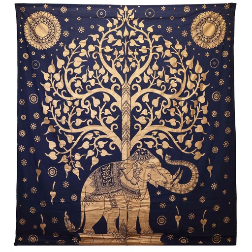 [CBWH-48] Colcha Doble de Algodón + Colgante de Pared - Elefante y Árbol - Azul Dorado