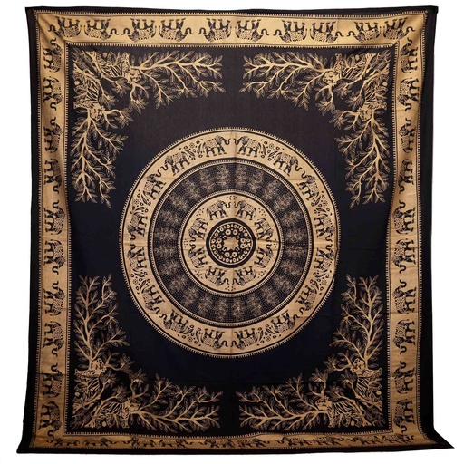 [CBWH-49] Colcha Doble de Algodón + Colgante de Pared - Elefante Jungla - Negro Oro