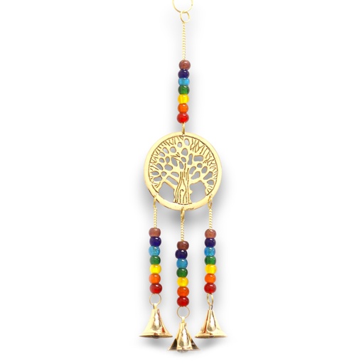 [INDBC-12] Campanas Indias - Árbol de la Vida de Latón con Cuentas de Chakra - 3 Campanas - 6.5x31cm