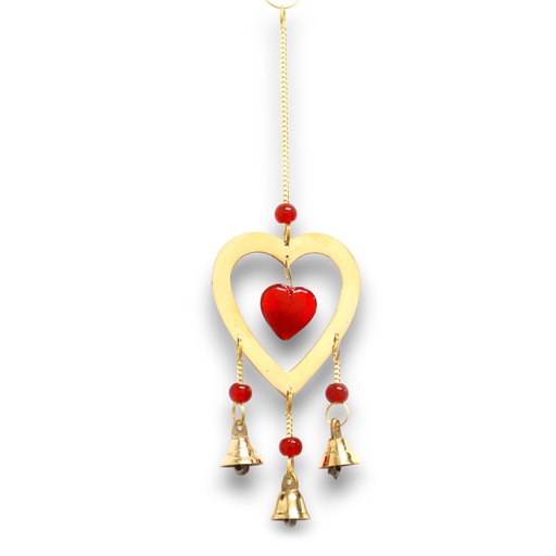 [INDBC-14] Campanas Indias - Latón con cuentas de corazón de cristal rubí - 3 campanas - 6.5x24cm