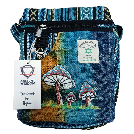 [HempB-42] Bolso de Fiesta con Bordado de Cáñamo - Hongos Verdes