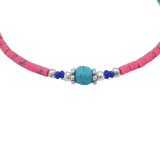[NEF-11] Pulsera nepalí de gemas extrafinas - cuentas de coral rosa y turquesa
