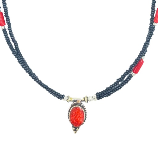 [NEF-13] Collar nepalí extrafino de dos líneas - Colgante negro y coral