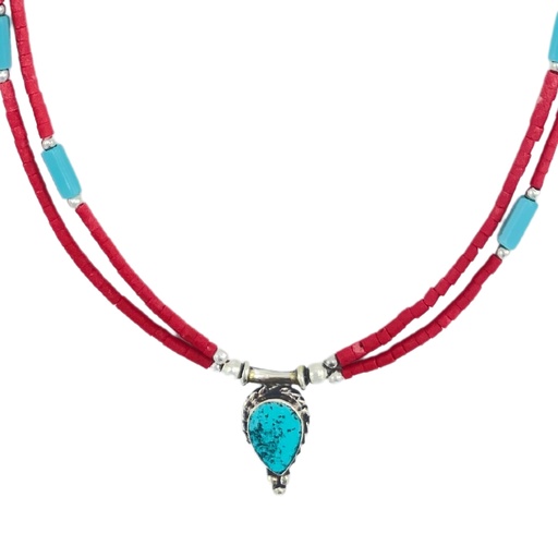 [NEF-14] Collar nepalí extrafino de dos líneas - Colgante rosa y turquesa