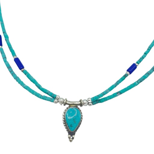 [NEF-15] Collar nepalí extrafino de dos líneas - Colgante de lapislázuli y malaquita