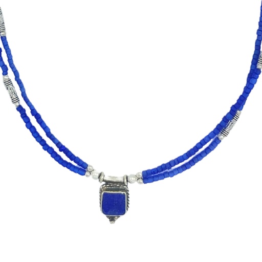 [NEF-16] Collar nepalí extrafino de dos líneas - Colgante de ónix azul y lapislázuli
