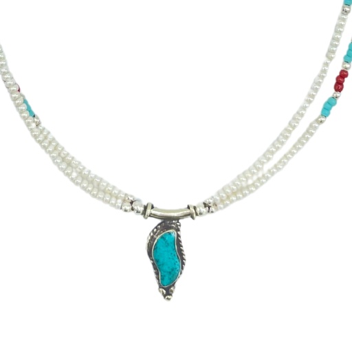 [NEF-17] Collar nepalí extrafino de dos vueltas - Colgante de perla y turquesa