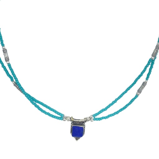 [NEF-18] Collar nepalí extrafino de dos líneas - Colgante de turquesa y lapislázuli