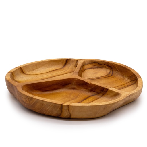 [TeakB-33] Frutero de madera de teca lisa de tres secciones - 30x4cm