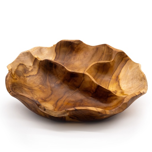 [TeakB-35] Frutero redondo liso de madera de teca de tres secciones - 30x5.5cm