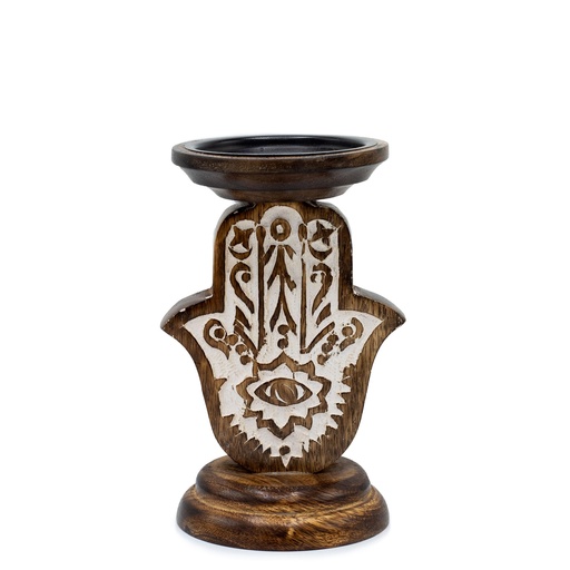 [MWCS-01] Candelabro de Madera de Mango - Hamsa - Pequeño 18x11cm