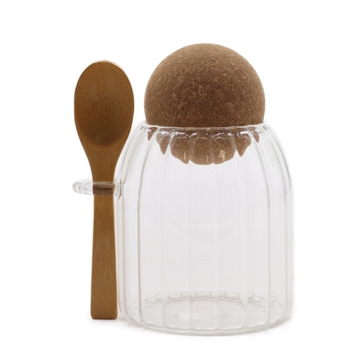 [CGJ-06] Tarro de cristal de bambú Cottage pequeño - Acanalado con cuchara - 10 cm