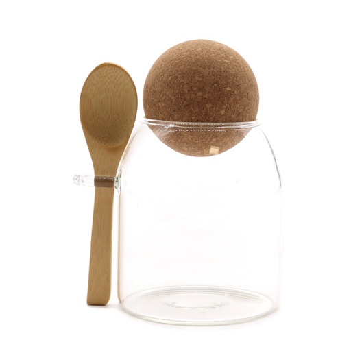 [CGJ-11] Tarro de cristal Cottage con bola de corcho - Transparente con cuchara - 10 cm