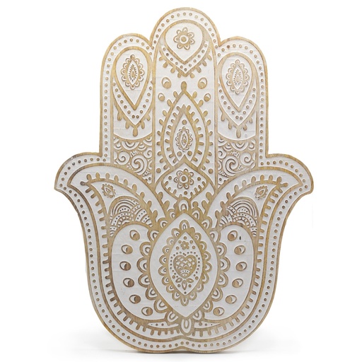 [MWM-03] Placa de pared Mano de Hamsa en madera de Mango - Blanco