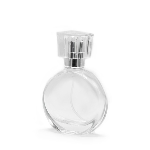 [PerfB-18] Botella ovalada de 30 ml, spray plateado y tapón de cristal